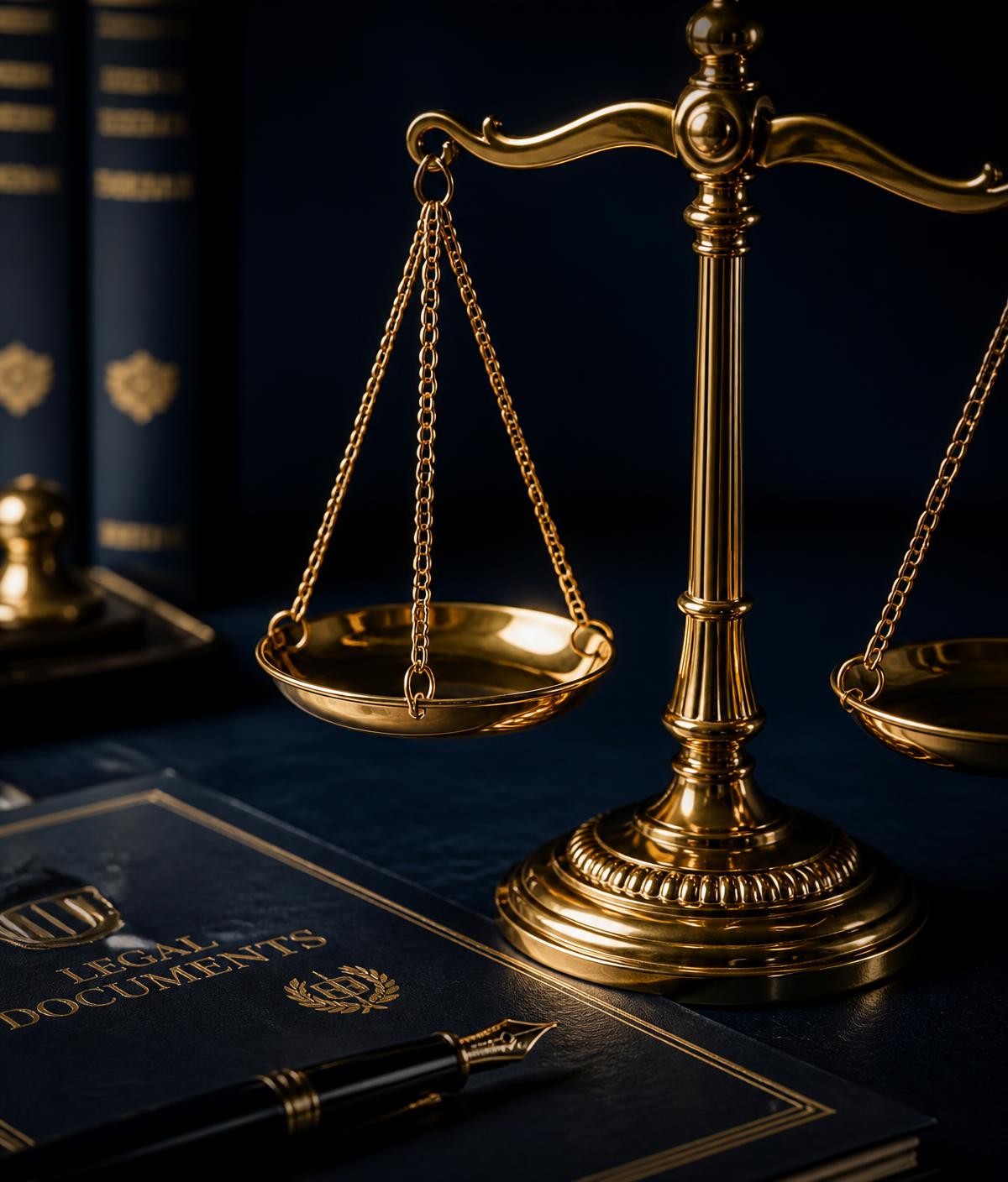 Balança da justiça dourada sobre documentos jurídicos